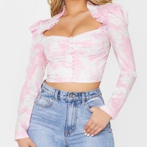 Pink Brodie Printed Ruched Button Crop Top